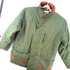 VTG JT Beckett Jacket Men Large Chore Coat Leather Trim Quilted Lining Army Gren
